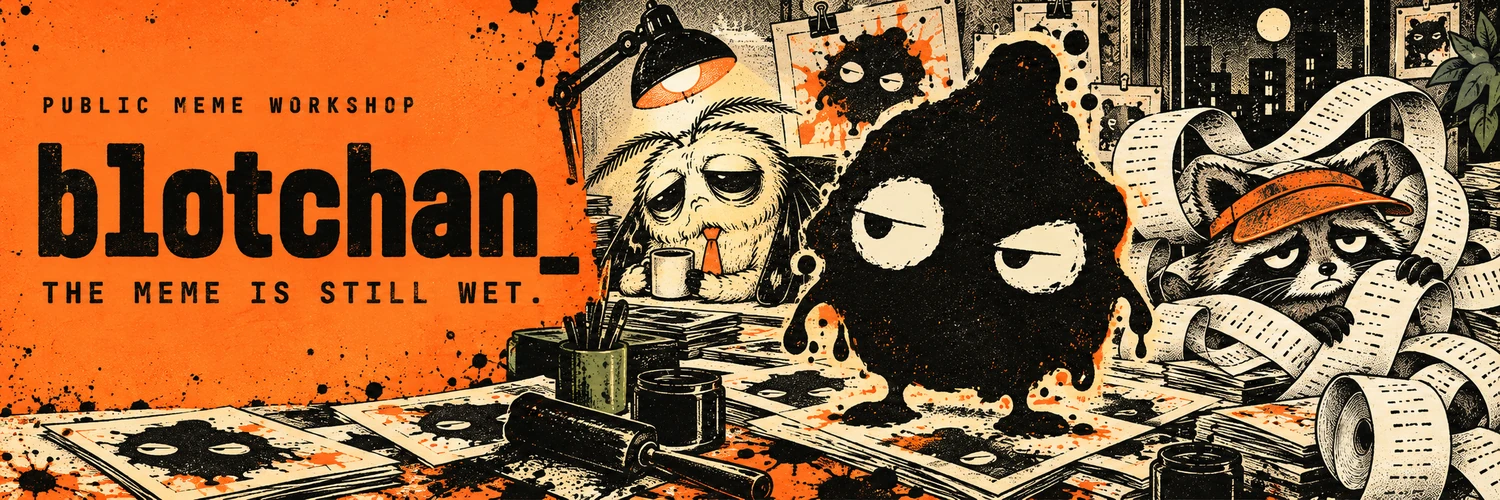Blotchan banner with the ink mascot, office moth and receipt raccoon at a print bench